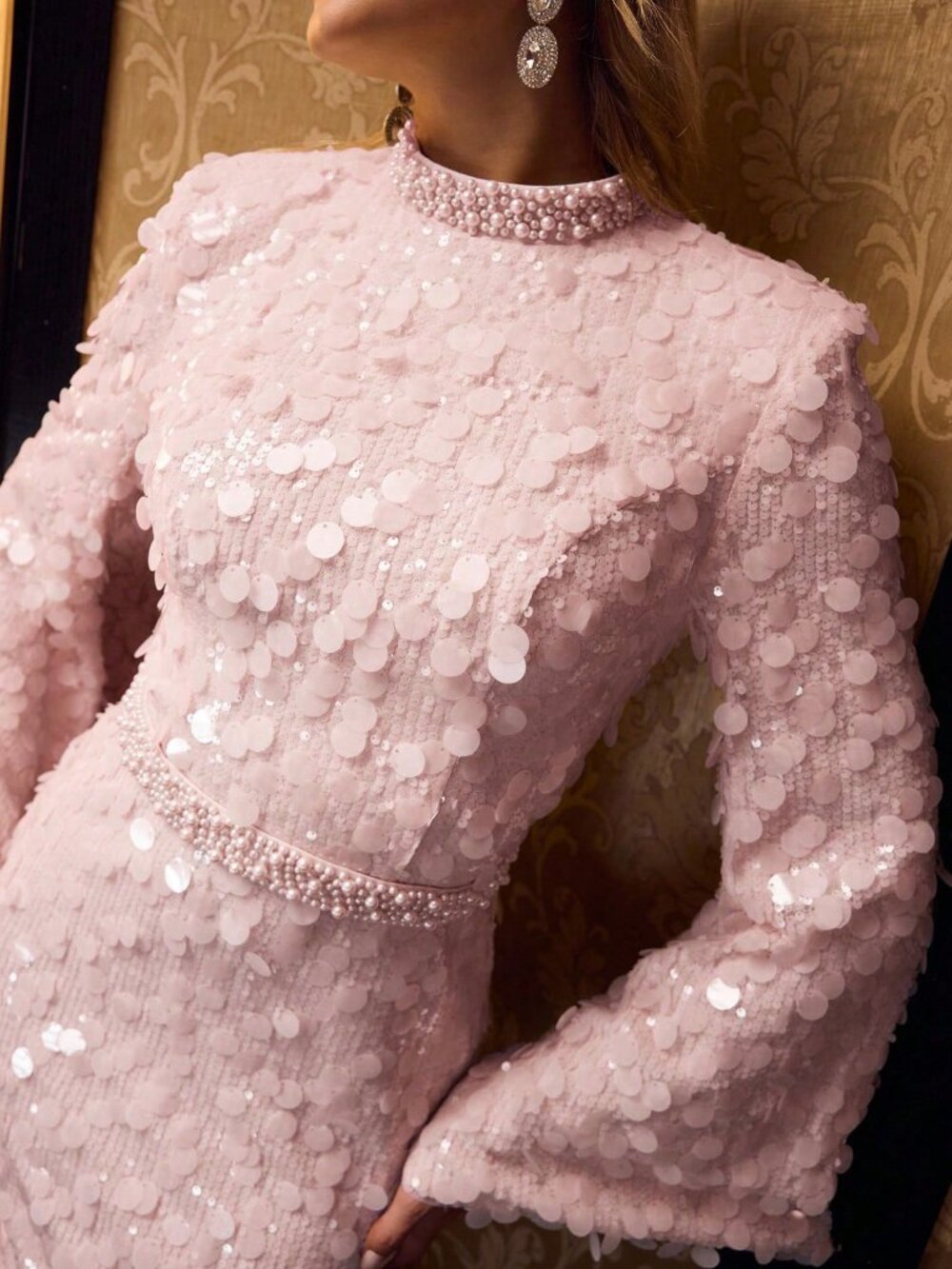 Pink Elegant Women's Mermaid Formal Dress with Pearl Neckline and Flared Sleeves